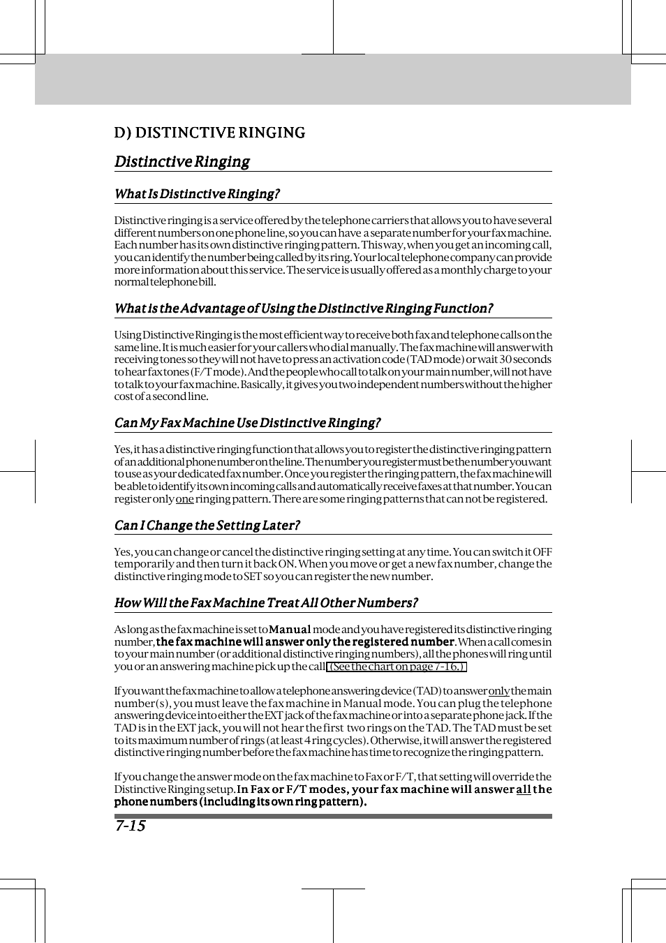 D) distinctive ringing -15, Distinctive ringing -15, Receiving faxes and other calls | Brother INTELLIFAX 3550 User Manual | Page 80 / 138