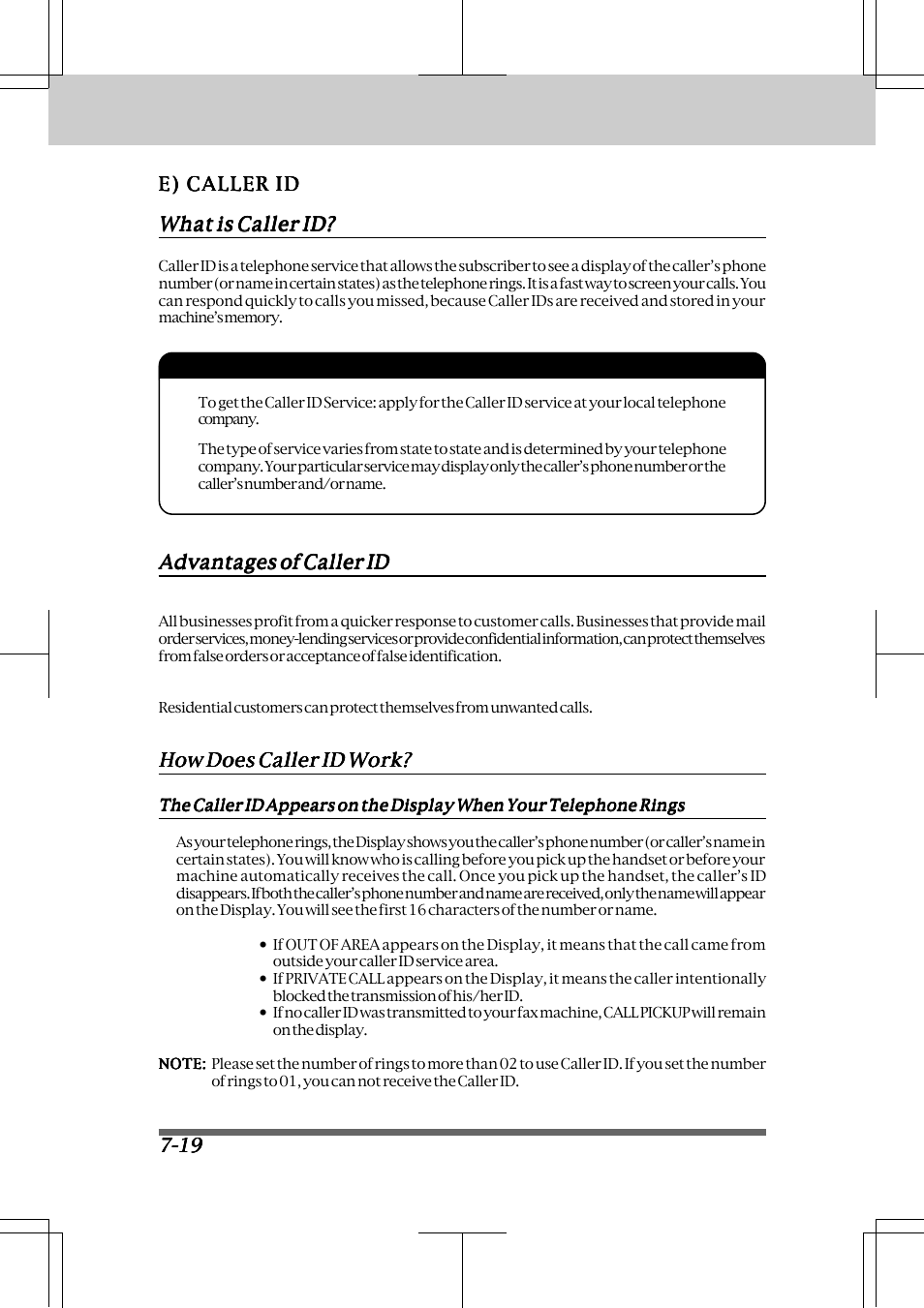 E) caller id -19, Receiving faxes and other calls | Brother INTELLIFAX 3550 User Manual | Page 84 / 138