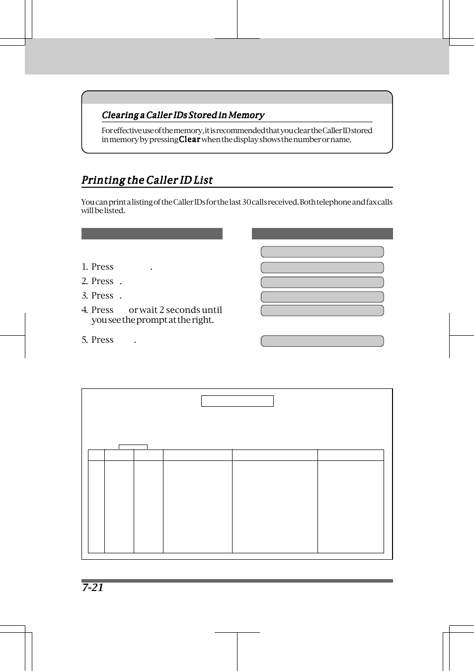 Clearing a caller ids stored in memory -21, Printing the caller id list -21, Receiving faxes and other calls | For your information, Printing the caller id list, Keys to press the display will show | Brother INTELLIFAX 3550 User Manual | Page 86 / 138