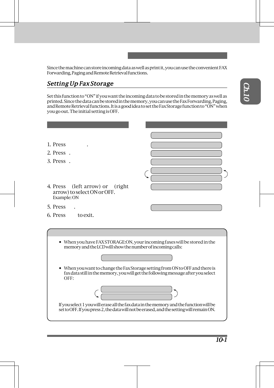 Remote fax options, Setting up fax storage -1 | Brother INTELLIFAX 3550 User Manual | Page 95 / 138