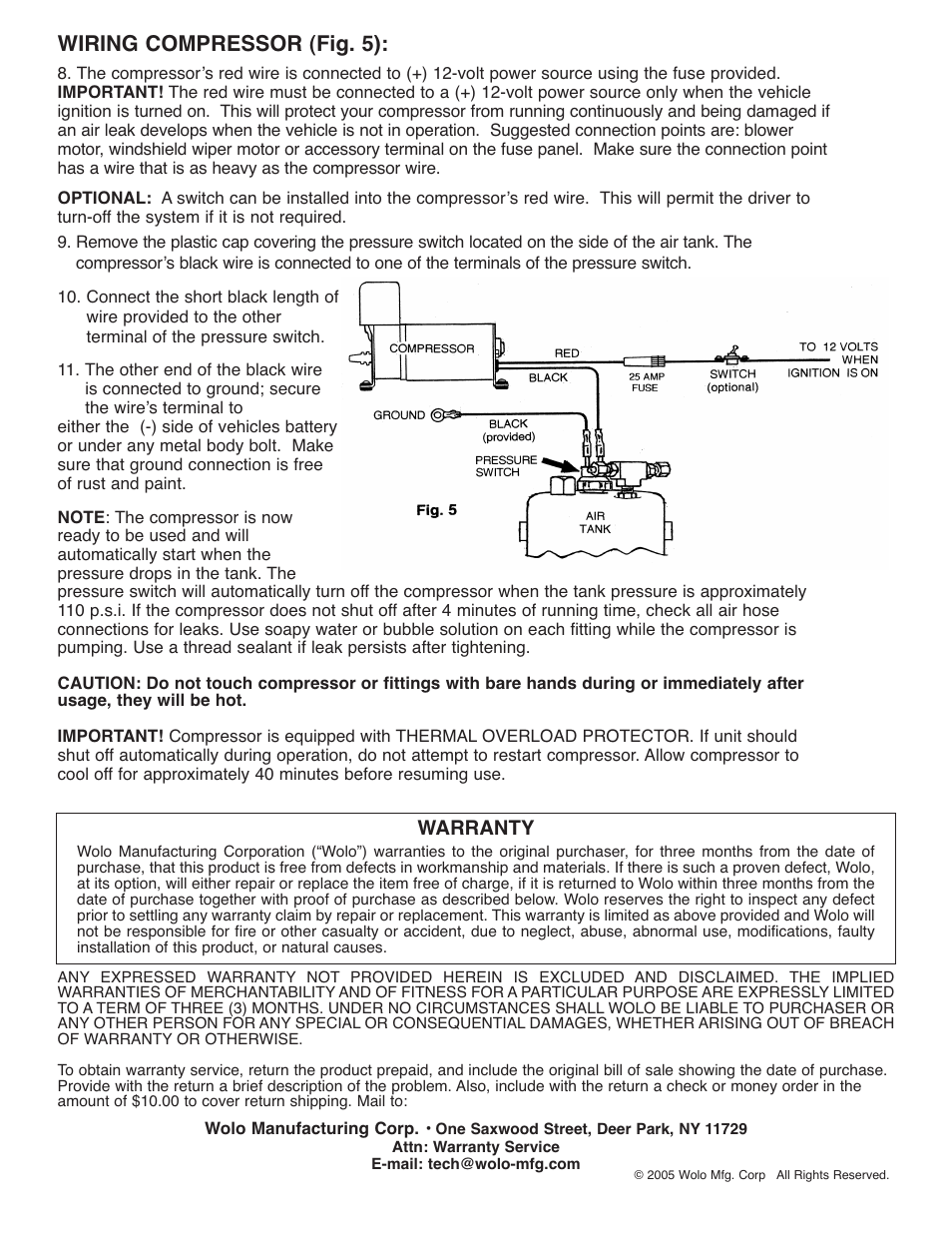 Wiring compressor (fig. 5), Warranty | Wolo 800 Tiger User Manual | Page 2 / 2