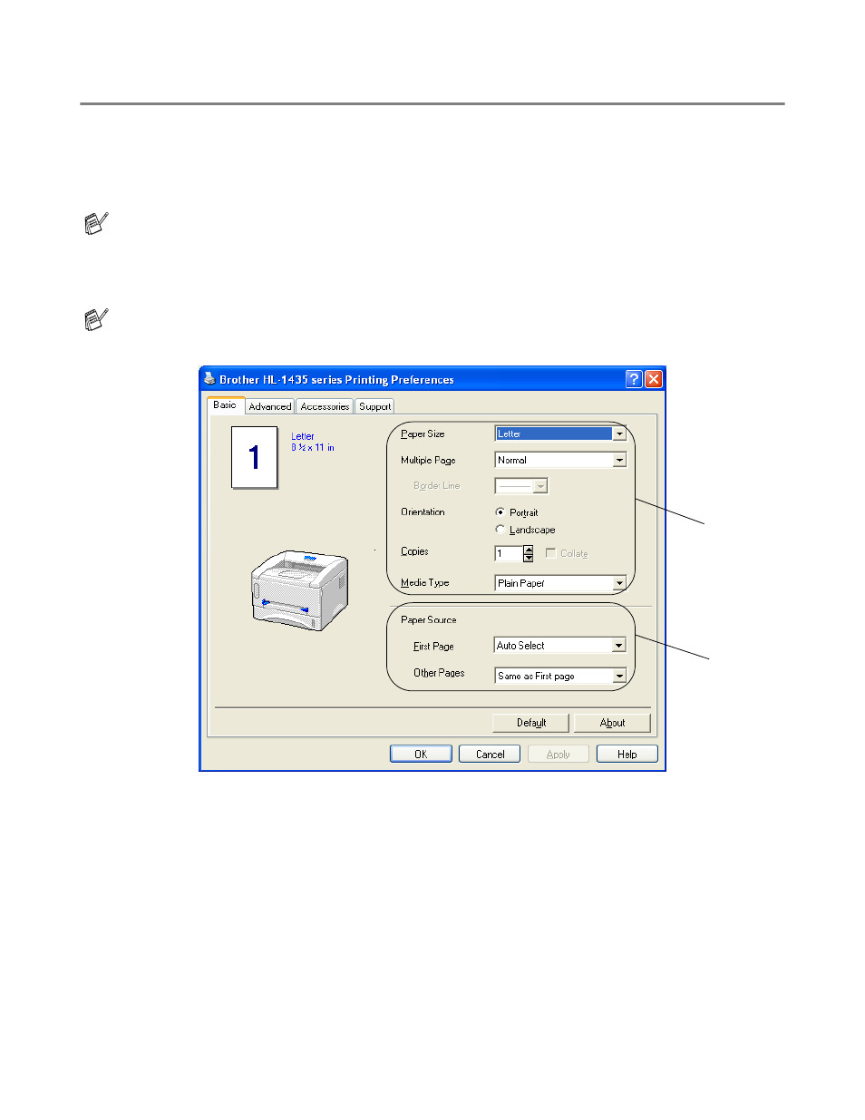 For windows, Features in the brother printer driver, Features in the brother printer driver -2 | Brother HL-1435 User Manual | Page 46 / 97