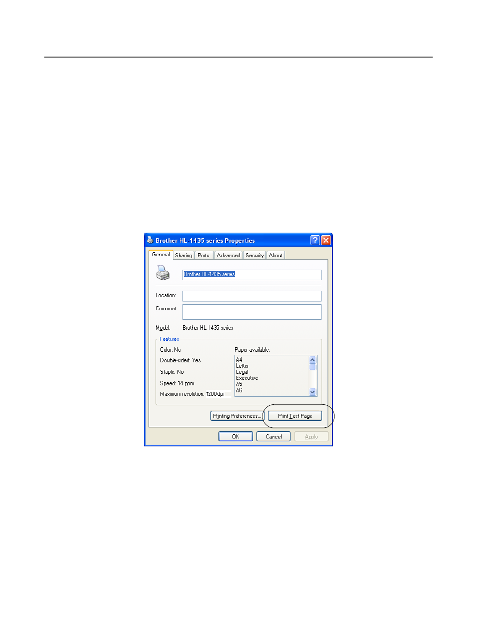 Using control panel button, Using the printer driver, Print a test page | Brother HL-1435 User Manual | Page 62 / 97