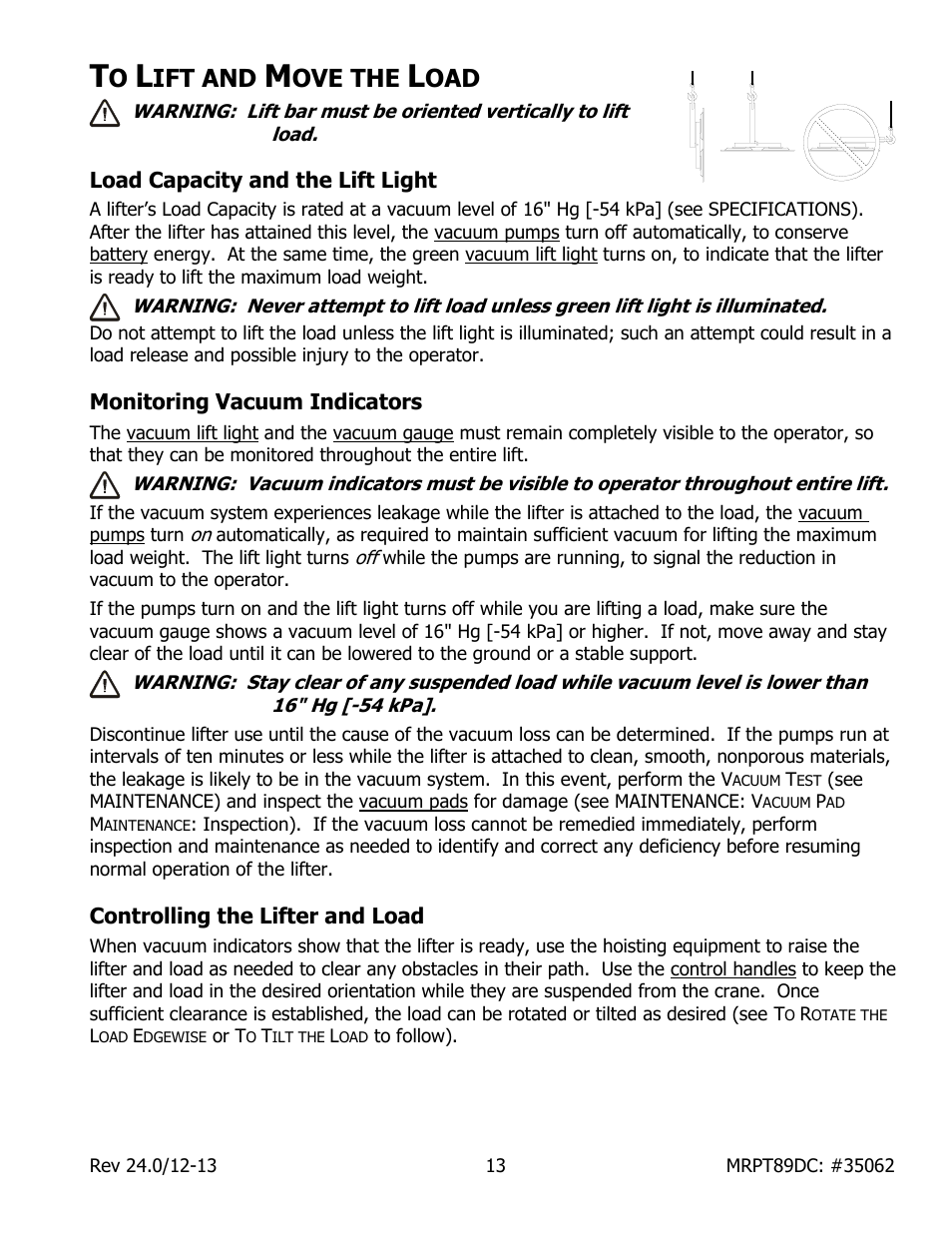 Ift and, Ove the, Load capacity and the lift light | Monitoring vacuum indicators, Controlling the lifter and load | Wood’s Powr-Grip MRPT89DC User Manual | Page 15 / 37