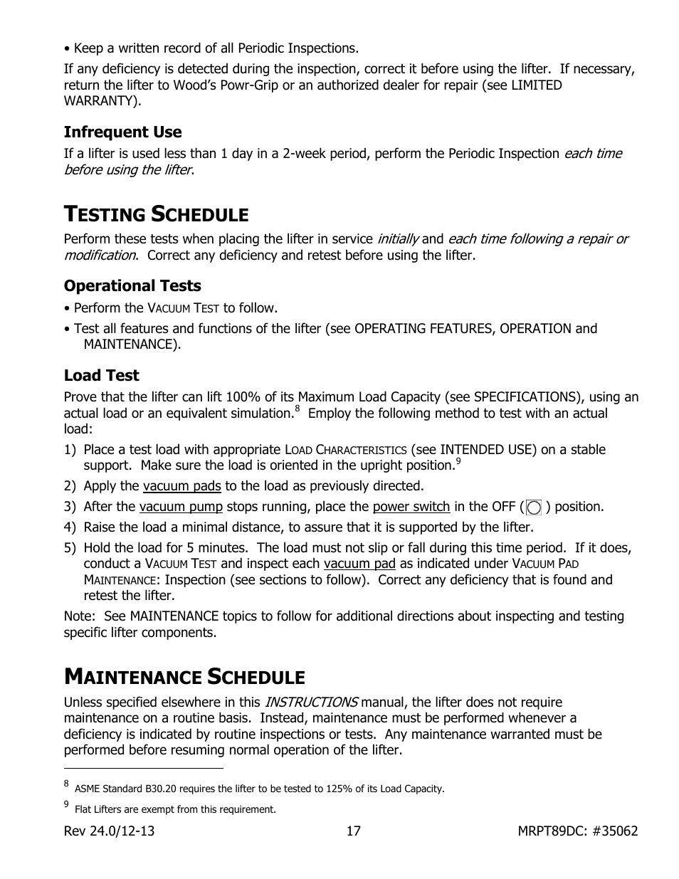 Infrequent use, Esting, Chedule | Operational tests, Load test, Aintenance | Wood’s Powr-Grip MRPT89DC User Manual | Page 19 / 37