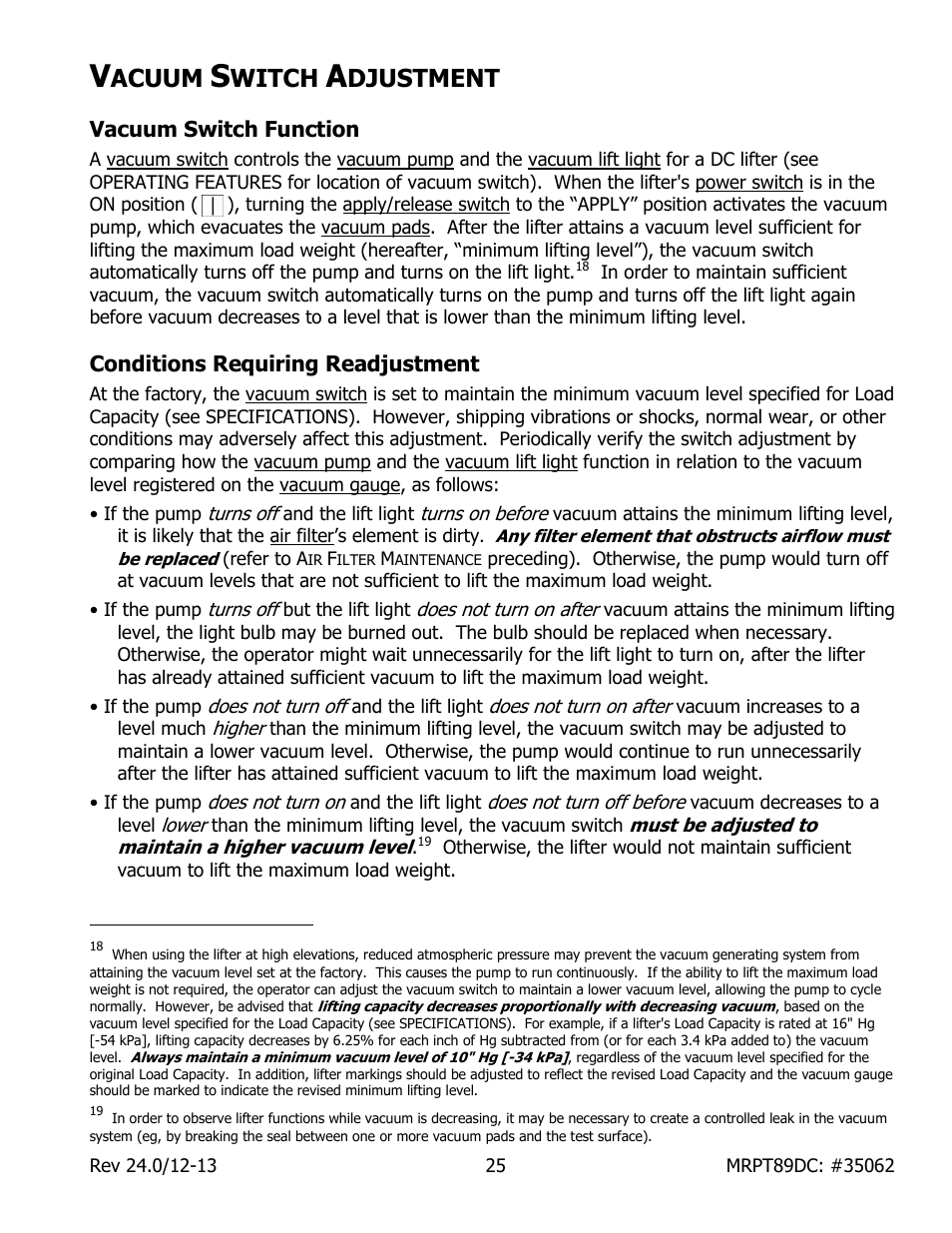 Acuum, Witch, Djustment | Vacuum switch function, Conditions requiring readjustment | Wood’s Powr-Grip MRPT89DC User Manual | Page 27 / 37
