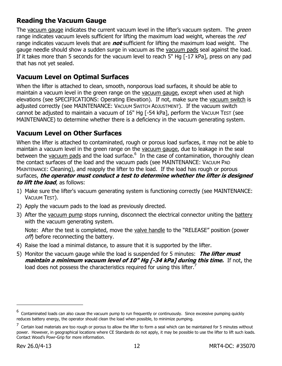 Reading the vacuum gauge, Vacuum level on optimal surfaces, Vacuum level on other surfaces | Wood’s Powr-Grip MRT49DC User Manual | Page 14 / 34