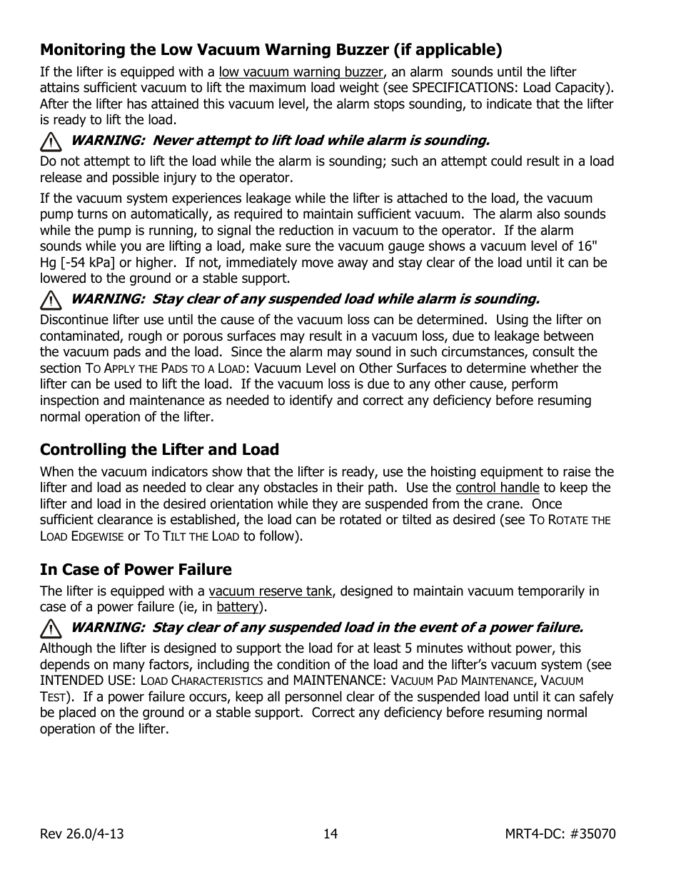 Controlling the lifter and load, In case of power failure | Wood’s Powr-Grip MRT49DC User Manual | Page 16 / 34