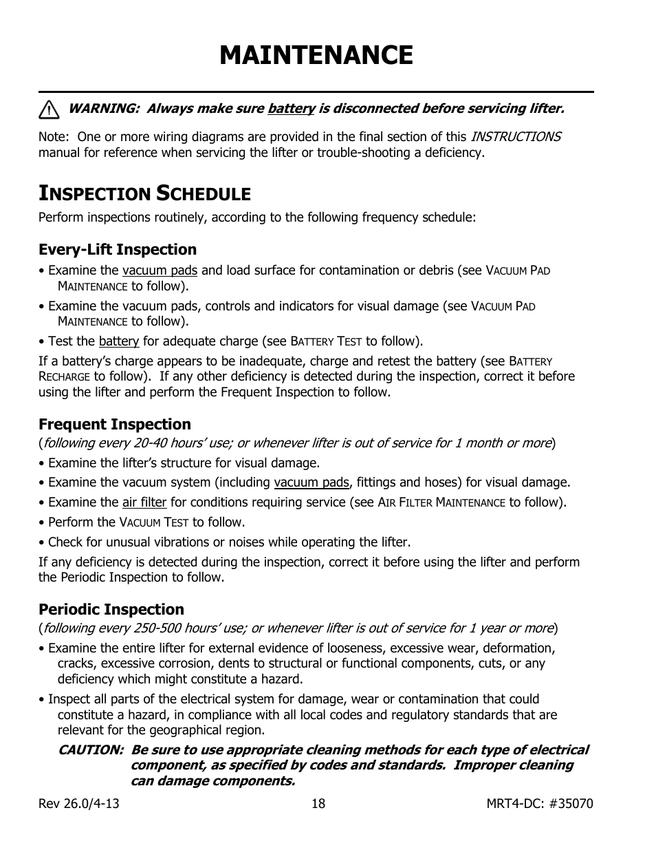 Maintenance, Nspection, Chedule | Every-lift inspection, Frequent inspection, Periodic inspection | Wood’s Powr-Grip MRT49DC User Manual | Page 20 / 34