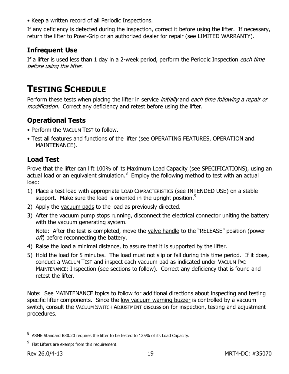 Infrequent use, Esting, Chedule | Operational tests, Load test | Wood’s Powr-Grip MRT49DC User Manual | Page 21 / 34