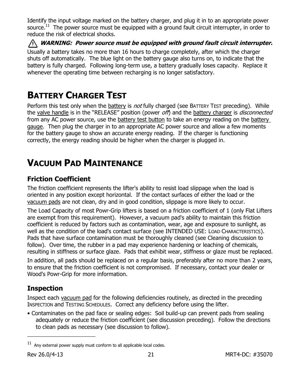 Attery, Harger, Acuum | Aintenance, Friction coefficient, Inspection | Wood’s Powr-Grip MRT49DC User Manual | Page 23 / 34