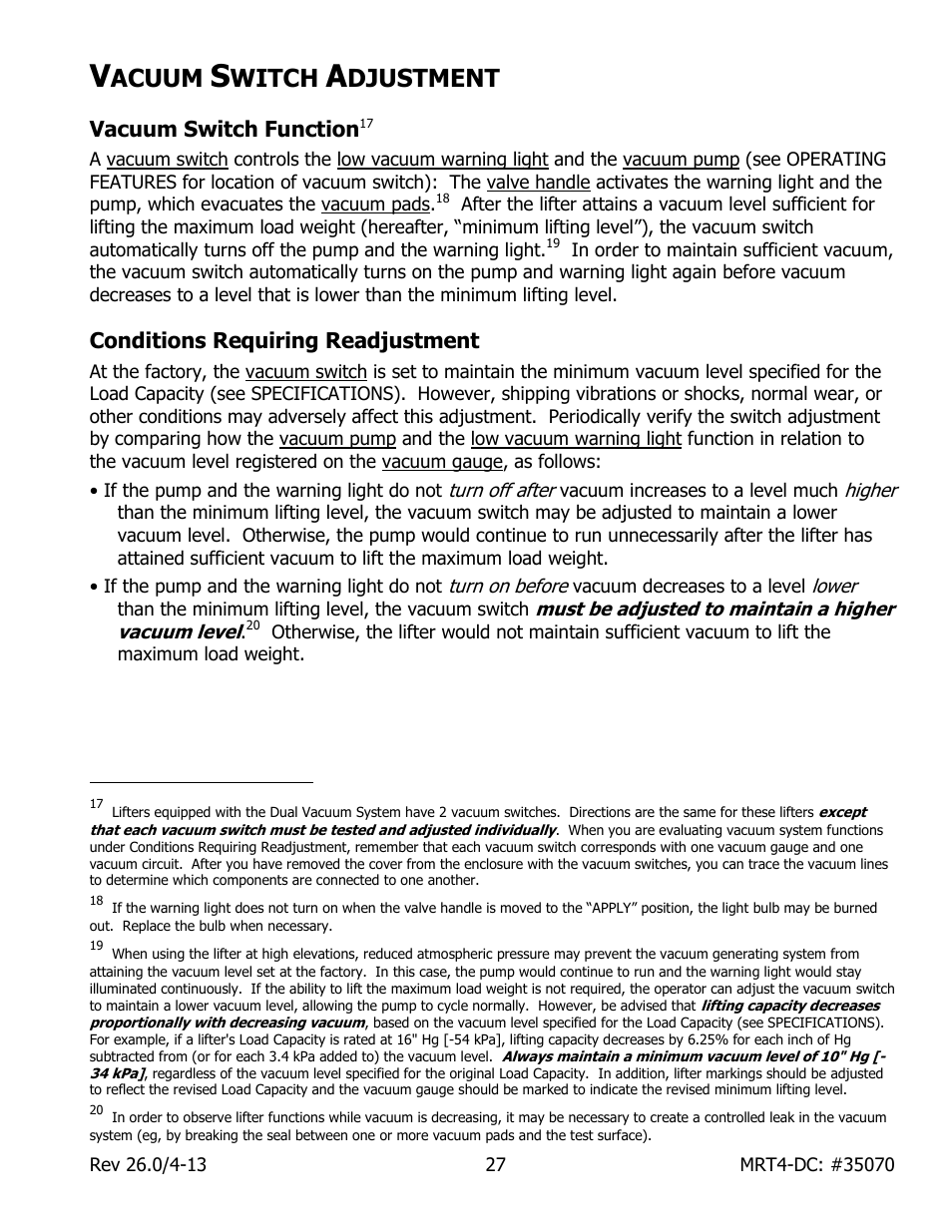 Acuum, Witch, Djustment | Vacuum switch function, Conditions requiring readjustment | Wood’s Powr-Grip MRT49DC User Manual | Page 29 / 34