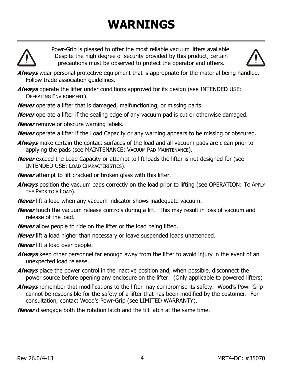 Warnings | Wood’s Powr-Grip MRT49DC User Manual | Page 6 / 34