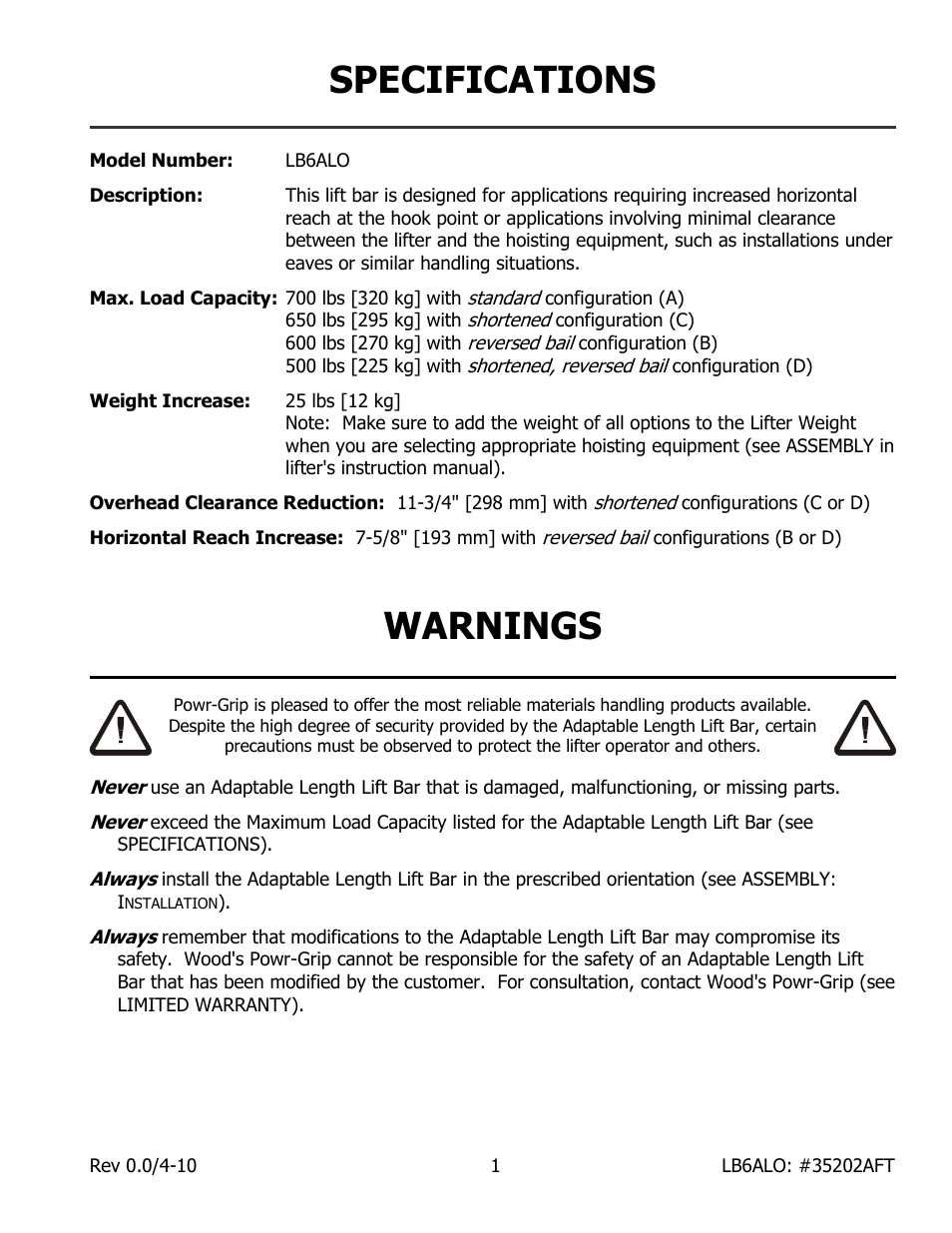 Specifications, Warnings | Wood’s Powr-Grip LB6ALO User Manual | Page 3 / 7