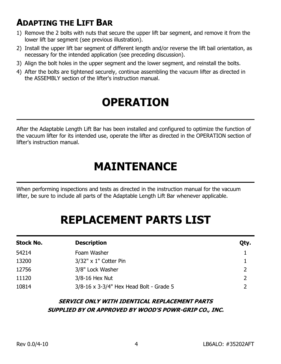 Operation, Maintenance, Replacement parts list | Wood’s Powr-Grip LB6ALO User Manual | Page 6 / 7