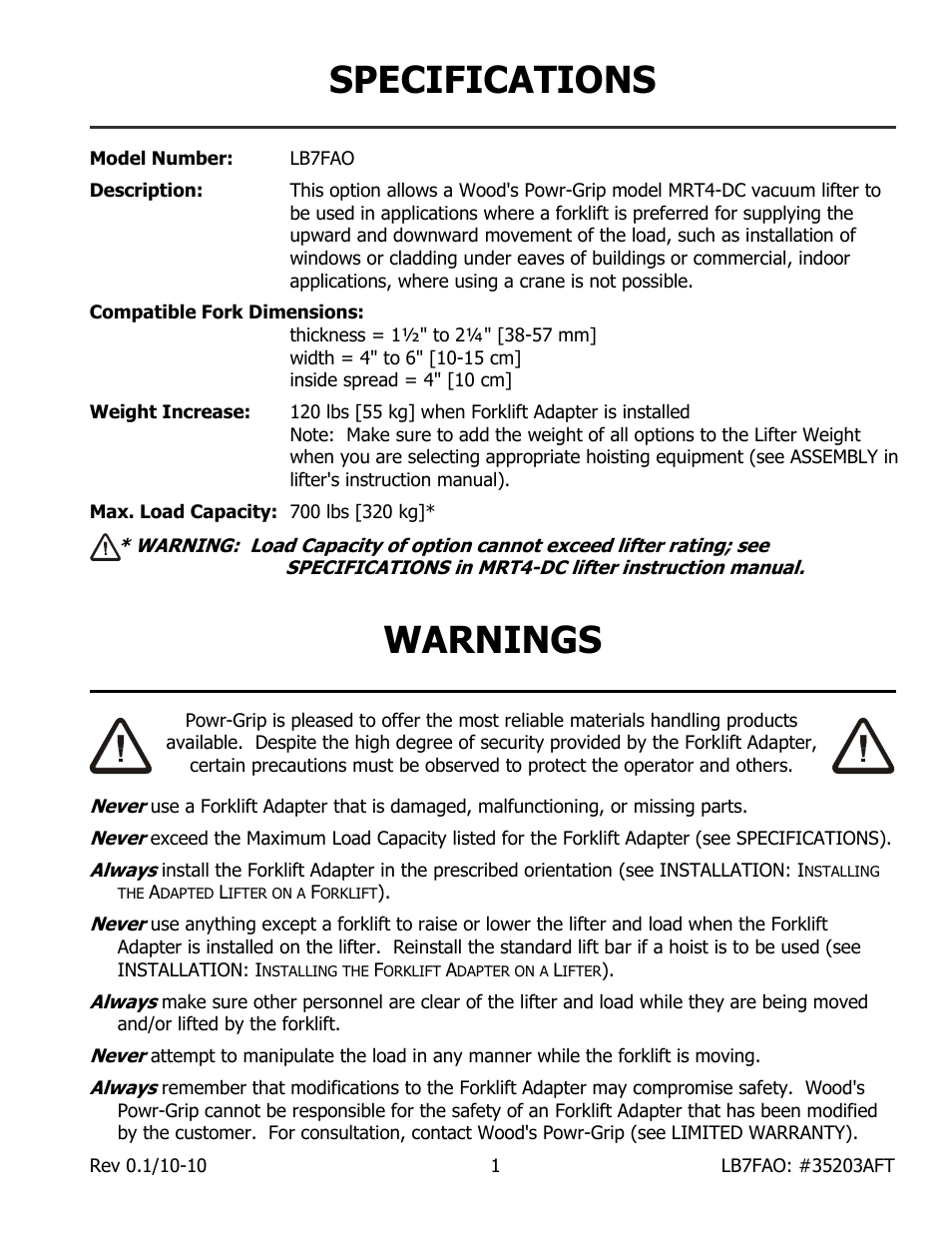 Specifications, Warnings | Wood’s Powr-Grip LB7FAO User Manual | Page 3 / 7