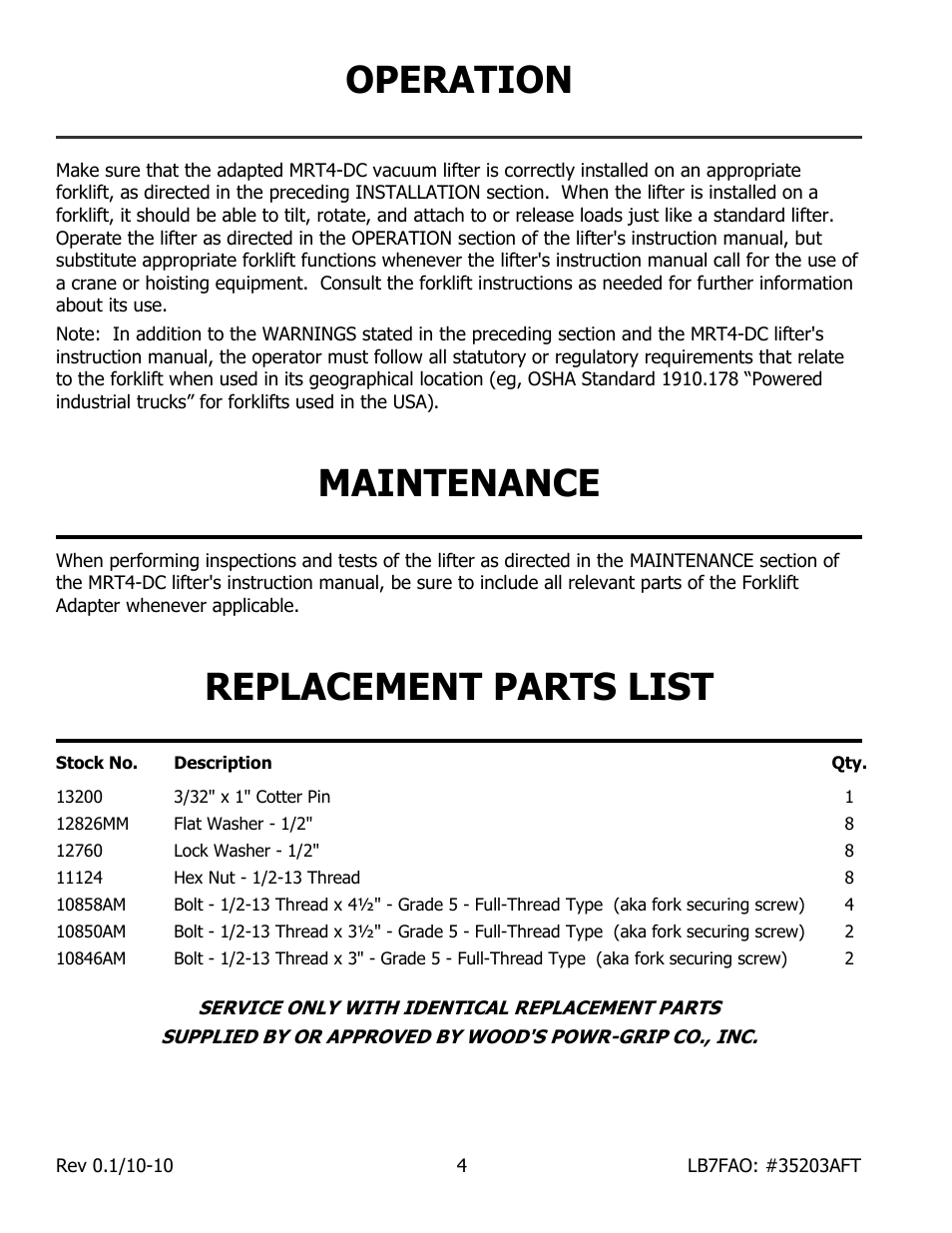 Operation, Maintenance, Replacement parts list | Wood’s Powr-Grip LB7FAO User Manual | Page 6 / 7