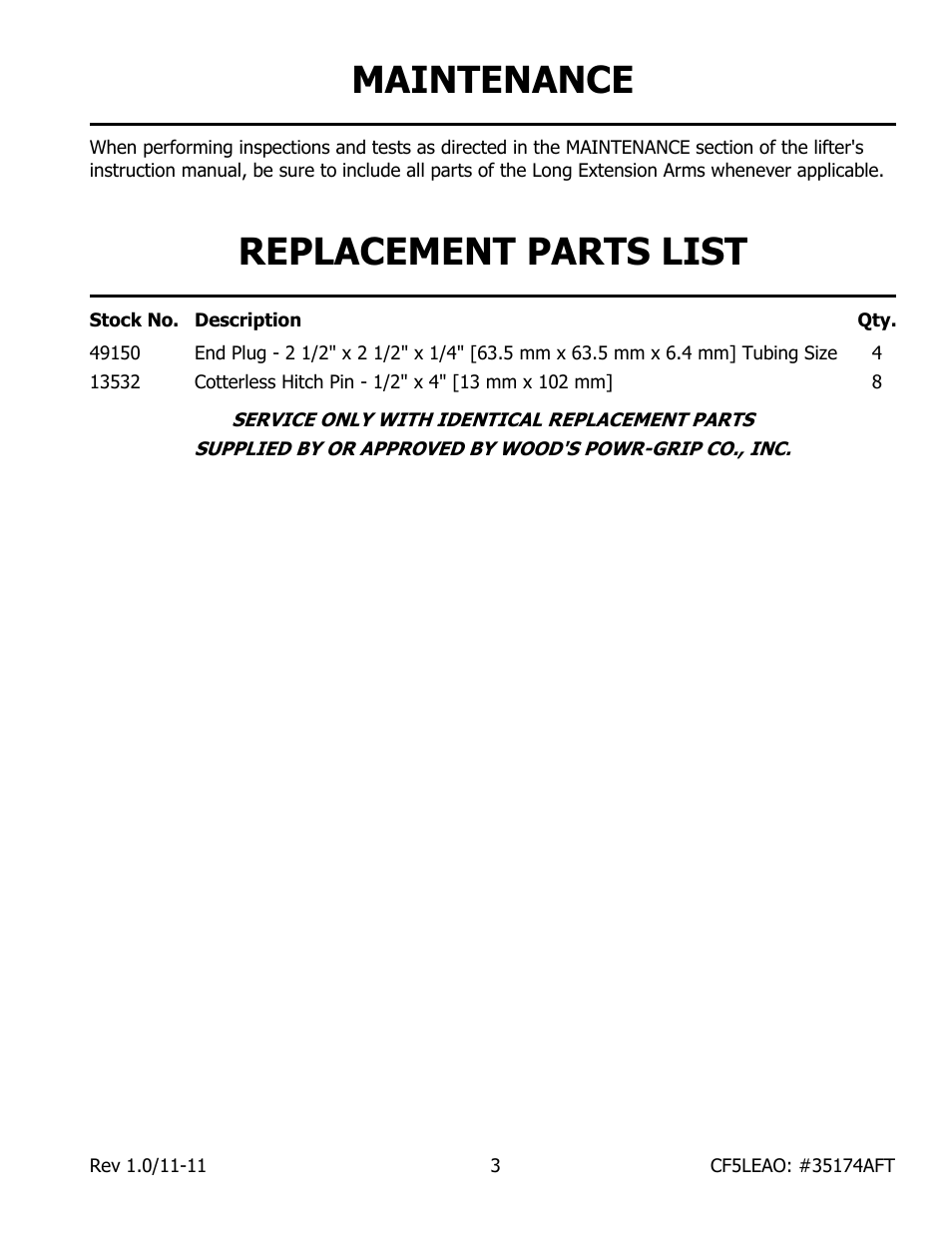 Maintenance, Replacement parts list | Wood’s Powr-Grip MRTARC8HV11DC User Manual | Page 5 / 6