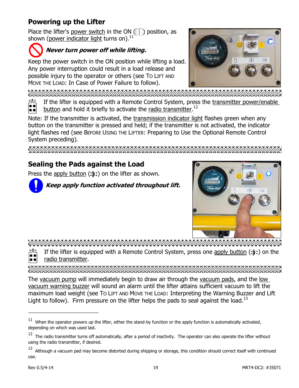 Powering up the lifter, Sealing the pads against the load | Wood’s Powr-Grip MRT49DC2 User Manual | Page 21 / 41