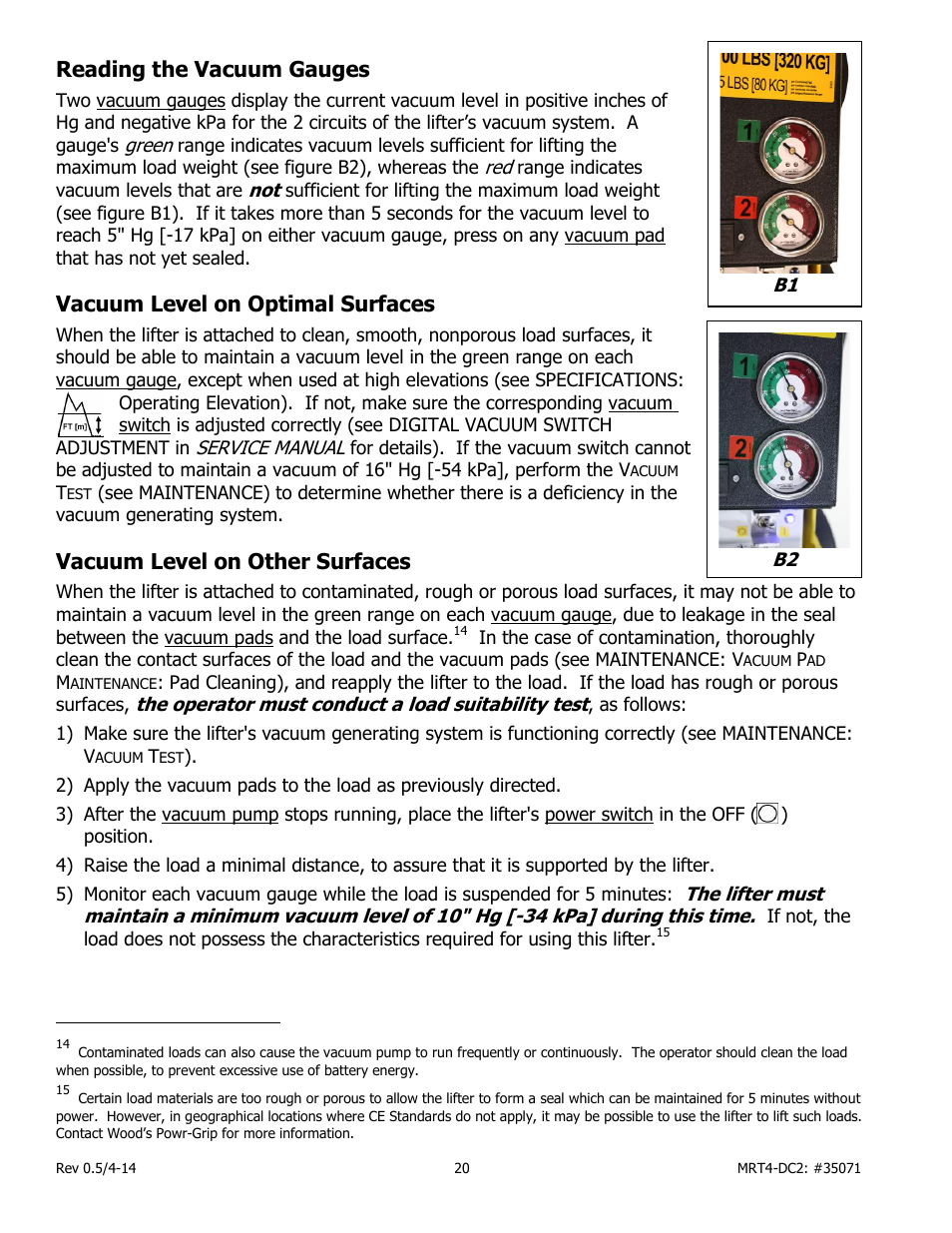 Reading the vacuum gauges, Vacuum level on optimal surfaces, Vacuum level on other surfaces | Wood’s Powr-Grip MRT49DC2 User Manual | Page 22 / 41