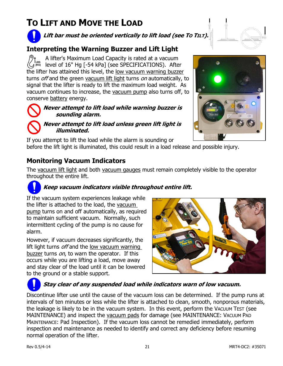 Ift and, Ove the, Interpreting the warning buzzer and lift light | Monitoring vacuum indicators | Wood’s Powr-Grip MRT49DC2 User Manual | Page 23 / 41
