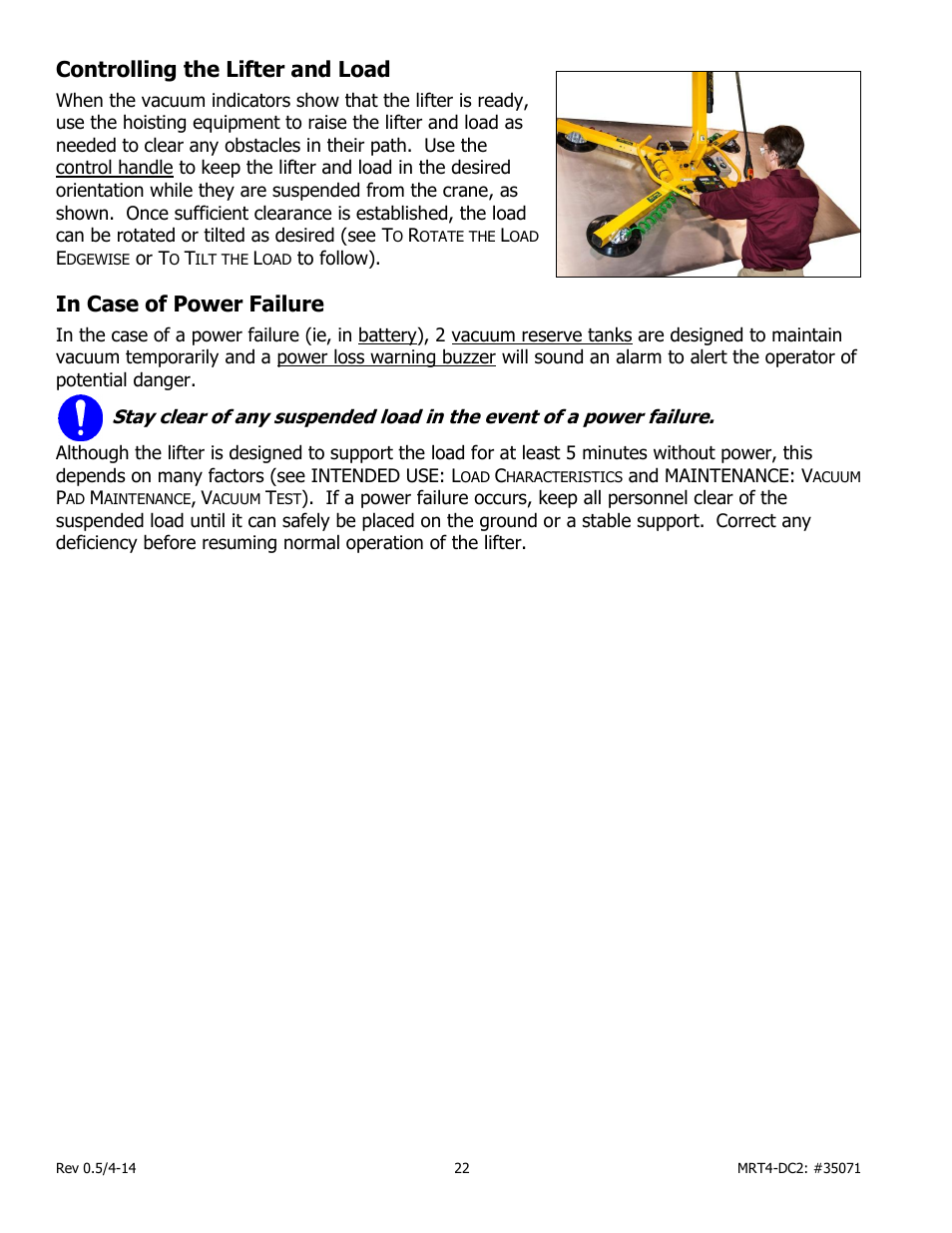 Controlling the lifter and load, In case of power failure | Wood’s Powr-Grip MRT49DC2 User Manual | Page 24 / 41