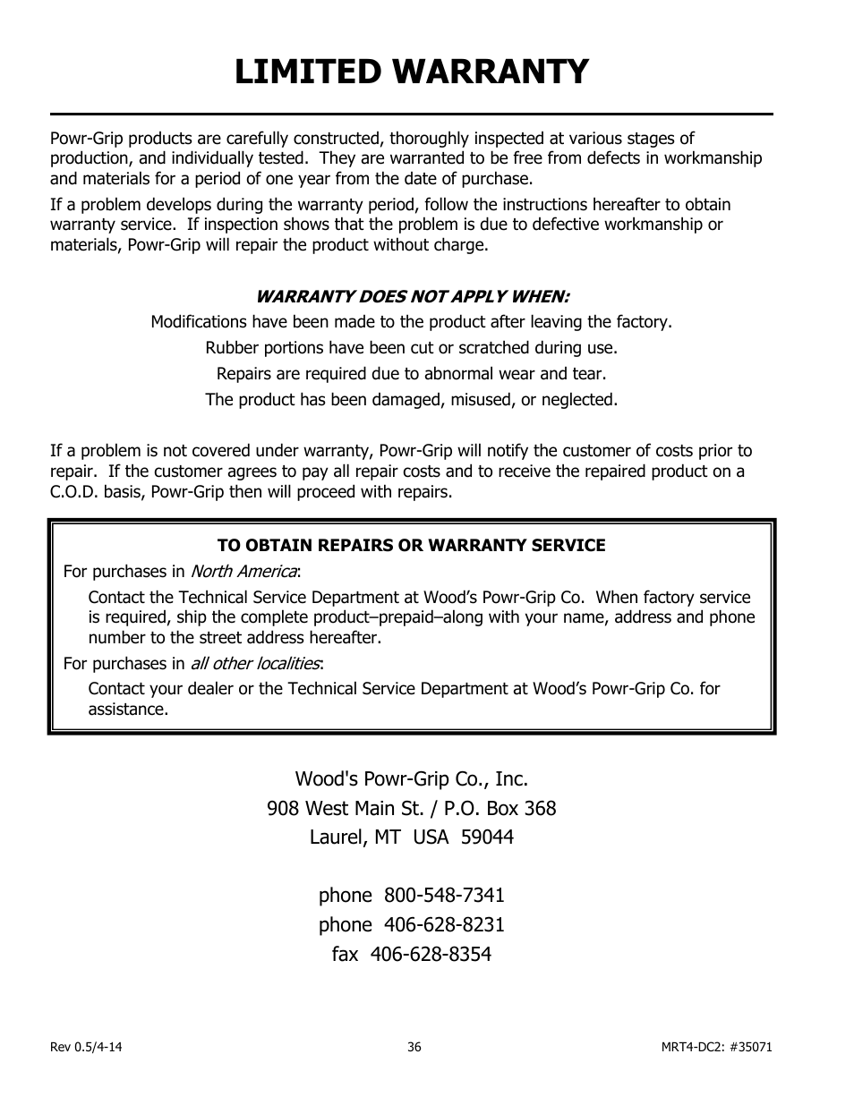 Limited warranty | Wood’s Powr-Grip MRT49DC2 User Manual | Page 38 / 41