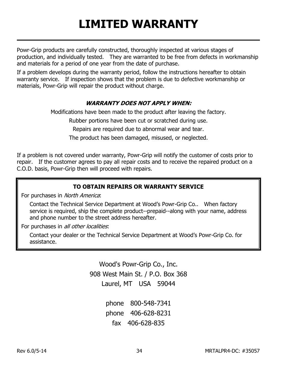 Limited warranty | Wood’s Powr-Grip MRTALPR4FS10TDC User Manual | Page 36 / 38