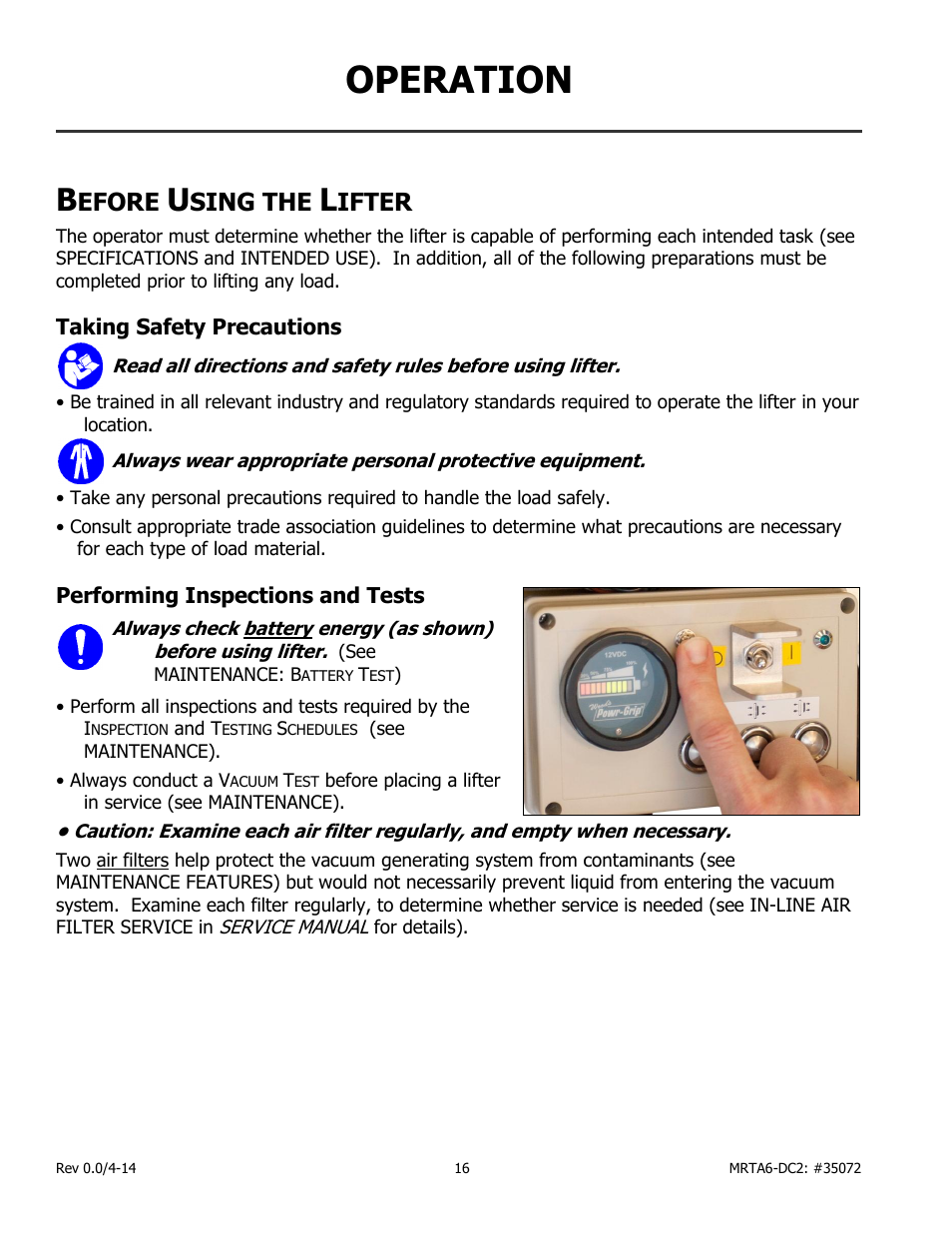 Operation, Efore, Sing the | Ifter, Taking safety precautions, Performing inspections and tests | Wood’s Powr-Grip MRTA611LDC2 User Manual | Page 18 / 43