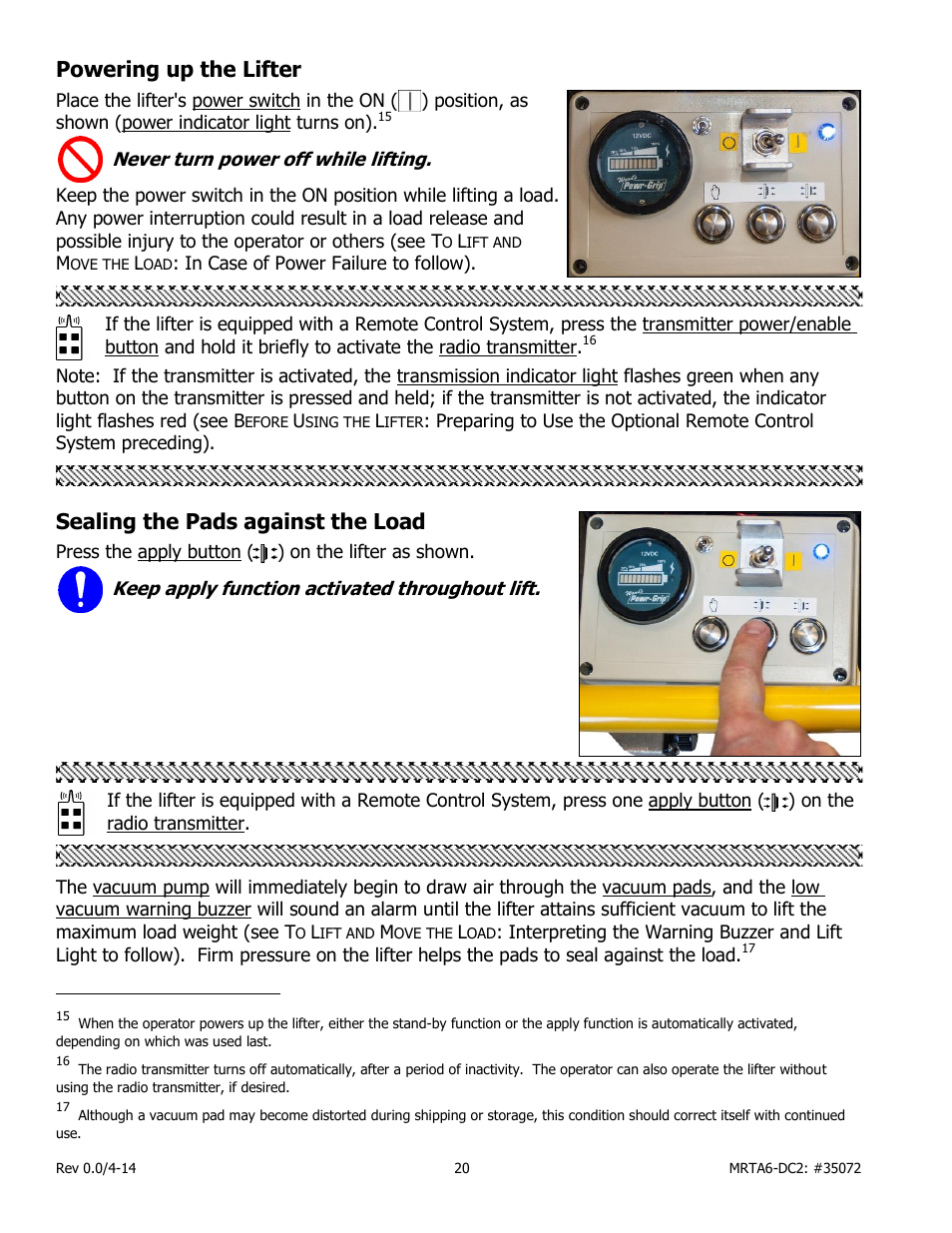 Powering up the lifter, Sealing the pads against the load | Wood’s Powr-Grip MRTA611LDC2 User Manual | Page 22 / 43