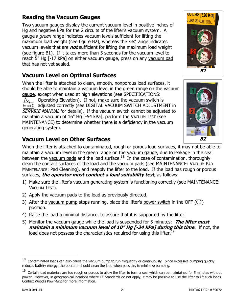Reading the vacuum gauges, Vacuum level on optimal surfaces, Vacuum level on other surfaces | Wood’s Powr-Grip MRTA611LDC2 User Manual | Page 23 / 43