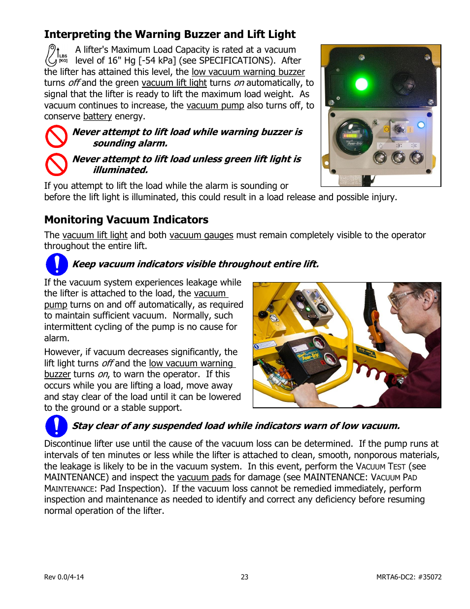 Interpreting the warning buzzer and lift light, Monitoring vacuum indicators | Wood’s Powr-Grip MRTA611LDC2 User Manual | Page 25 / 43