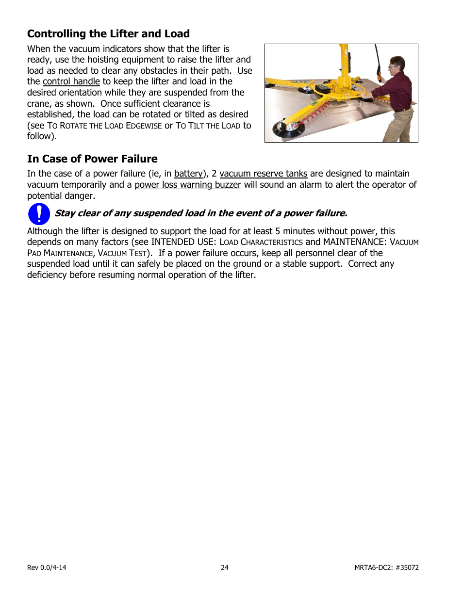 Controlling the lifter and load, In case of power failure | Wood’s Powr-Grip MRTA611LDC2 User Manual | Page 26 / 43