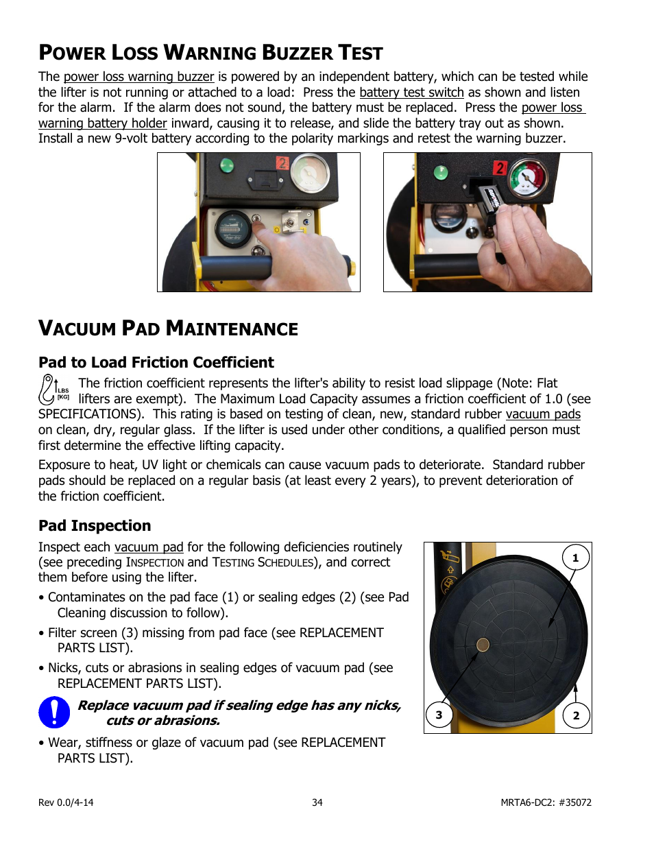 Ower, Arning, Uzzer | Acuum, Aintenance, Pad to load friction coefficient, Pad inspection | Wood’s Powr-Grip MRTA611LDC2 User Manual | Page 36 / 43