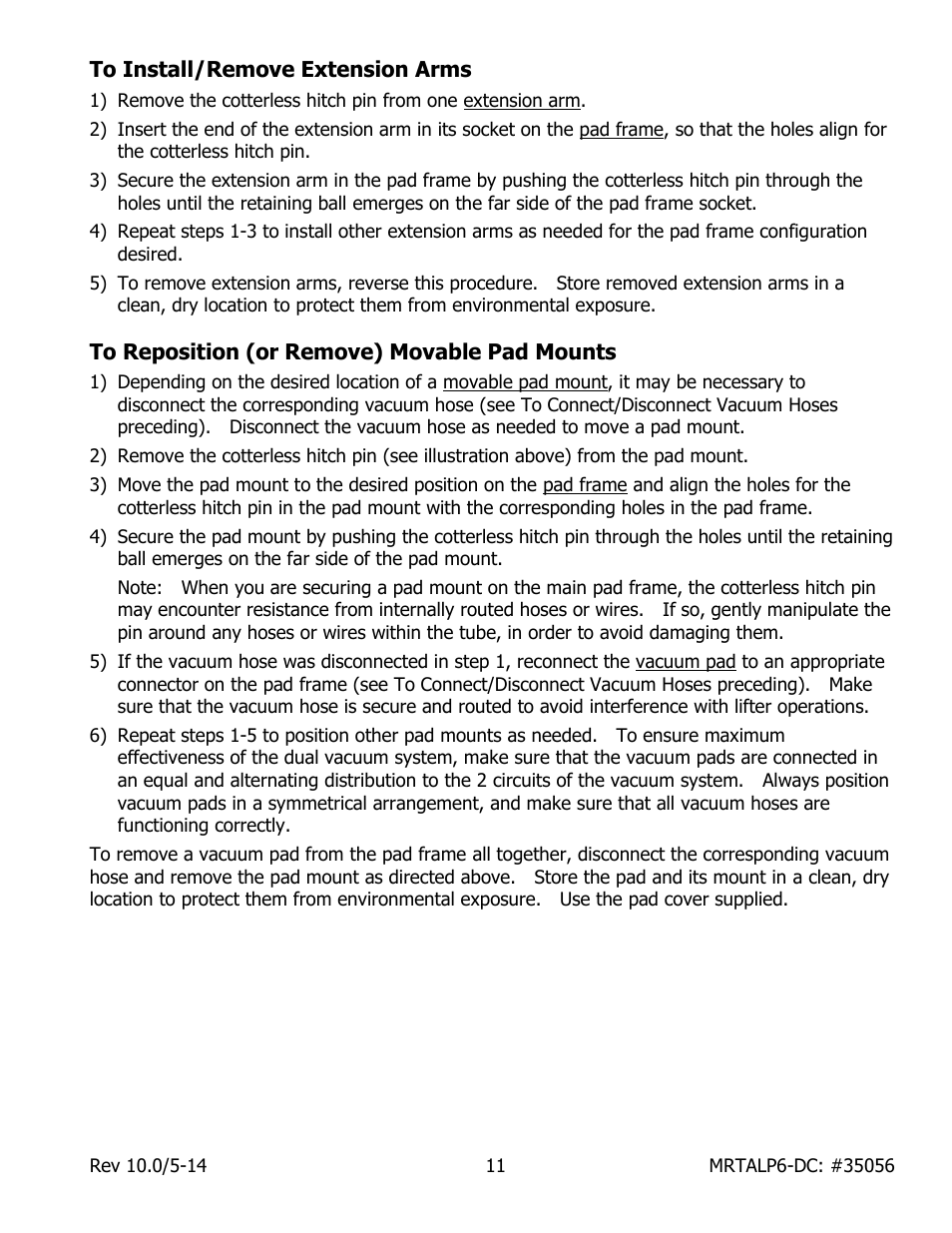 To install/remove extension arms, To reposition (or remove) movable pad mounts | Wood’s Powr-Grip MRTALP611LDC User Manual | Page 13 / 39