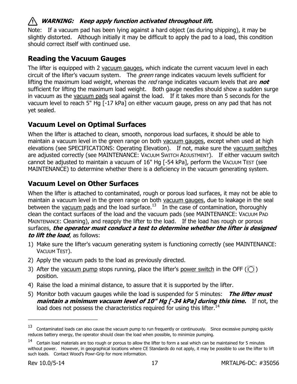 Reading the vacuum gauges, Vacuum level on optimal surfaces, Vacuum level on other surfaces | Wood’s Powr-Grip MRTALP611LDC User Manual | Page 19 / 39