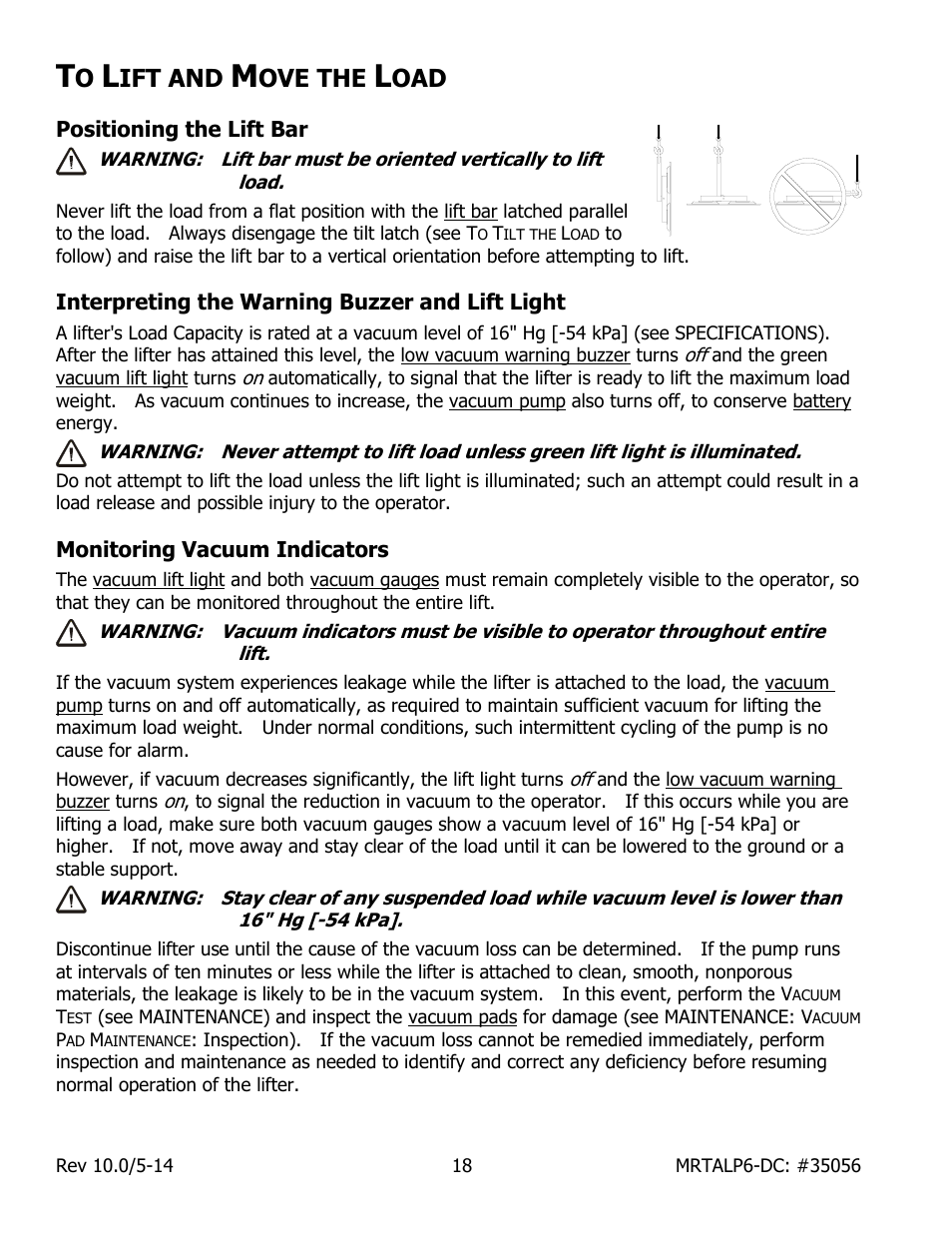 Ift and, Ove the, Positioning the lift bar | Interpreting the warning buzzer and lift light, Monitoring vacuum indicators | Wood’s Powr-Grip MRTALP611LDC User Manual | Page 20 / 39