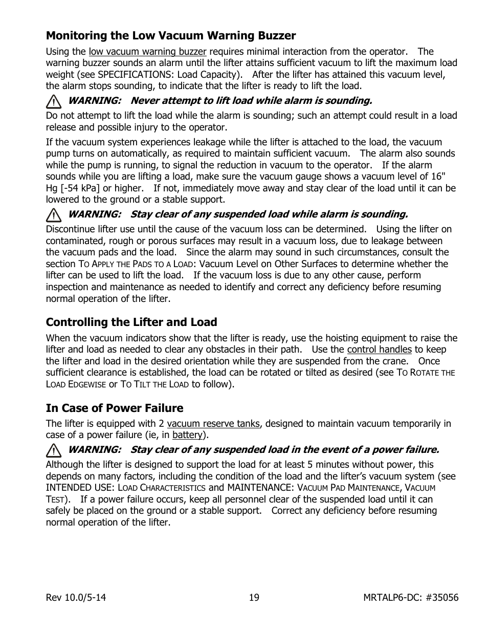 Monitoring the low vacuum warning buzzer, Controlling the lifter and load, In case of power failure | Wood’s Powr-Grip MRTALP611LDC User Manual | Page 21 / 39