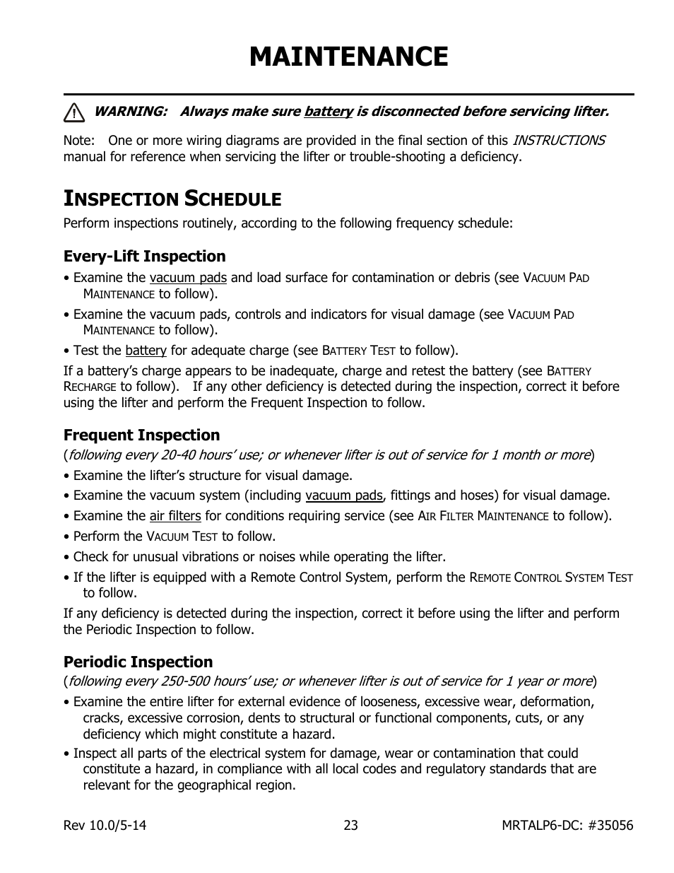 Maintenance, Nspection, Chedule | Every-lift inspection, Frequent inspection, Periodic inspection | Wood’s Powr-Grip MRTALP611LDC User Manual | Page 25 / 39