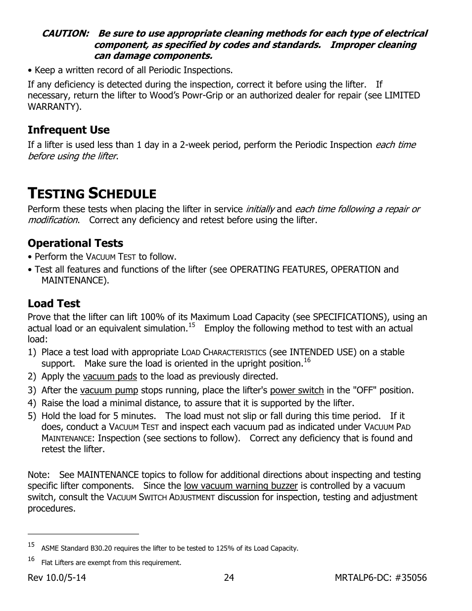 Infrequent use, Esting, Chedule | Operational tests, Load test | Wood’s Powr-Grip MRTALP611LDC User Manual | Page 26 / 39