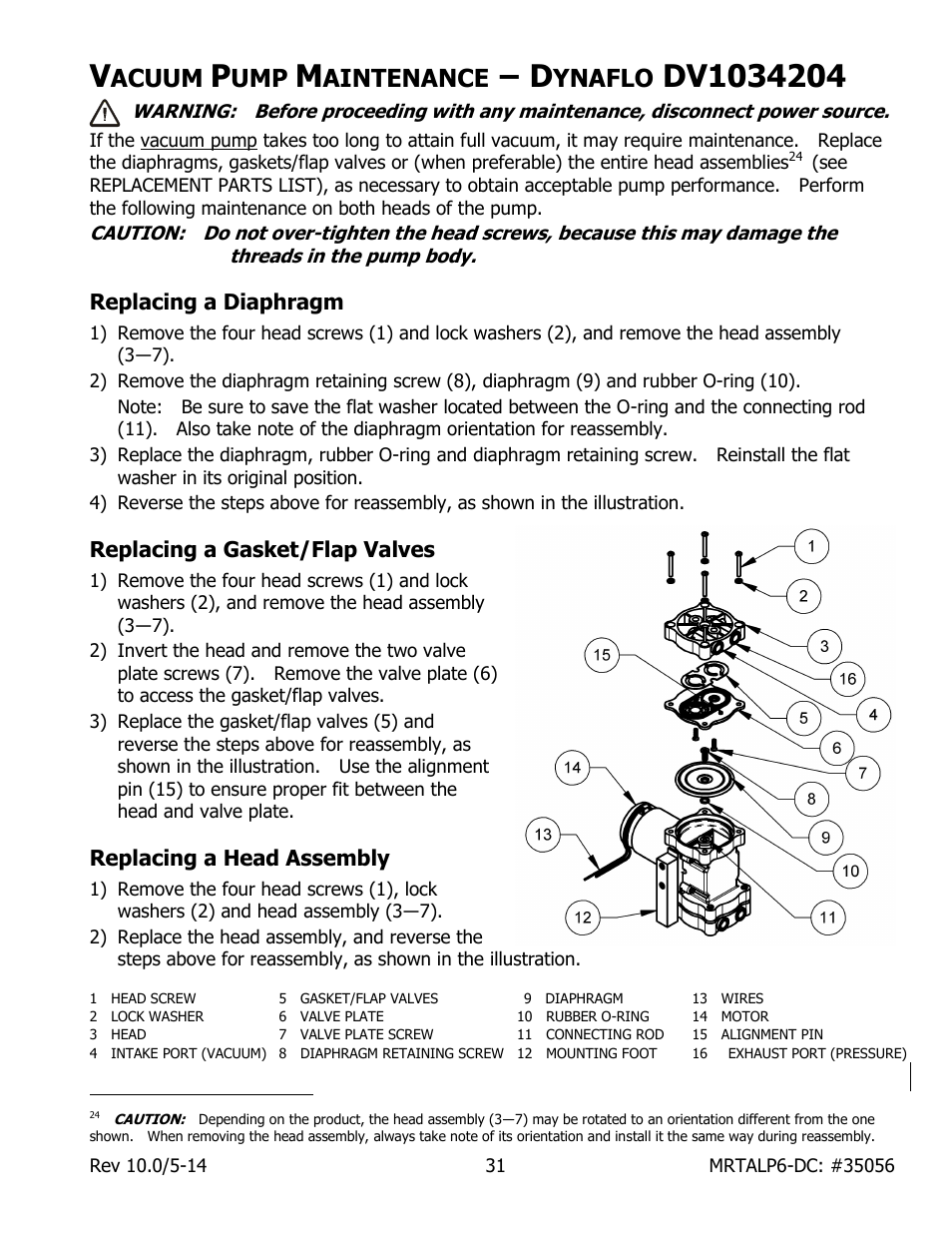 Acuum, Aintenance, Ynaflo | Dv1034204, Replacing a diaphragm, Replacing a gasket/flap valves, Replacing a head assembly | Wood’s Powr-Grip MRTALP611LDC User Manual | Page 33 / 39