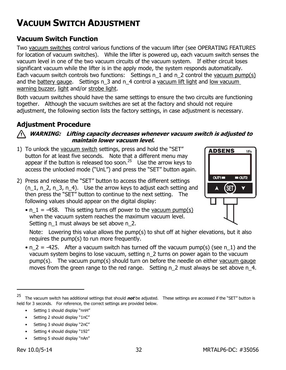 Acuum, Witch, Djustment | Vacuum switch function, Adjustment procedure | Wood’s Powr-Grip MRTALP611LDC User Manual | Page 34 / 39