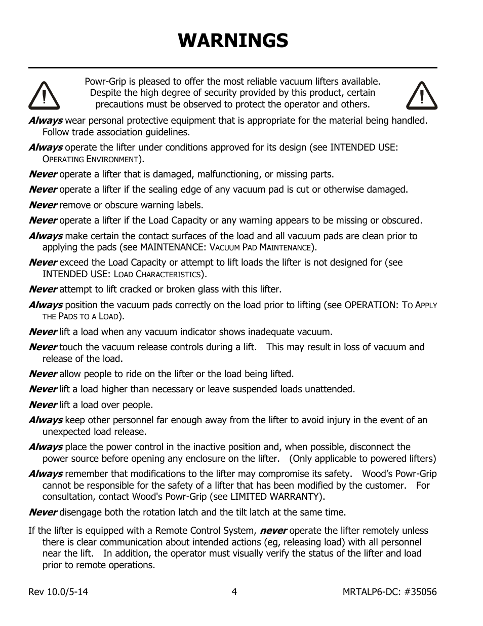 Warnings | Wood’s Powr-Grip MRTALP611LDC User Manual | Page 6 / 39