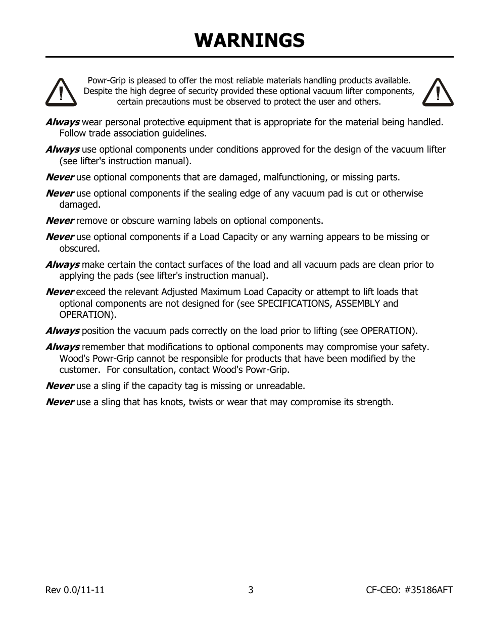 Warnings | Wood’s Powr-Grip CF15CEO User Manual | Page 5 / 16