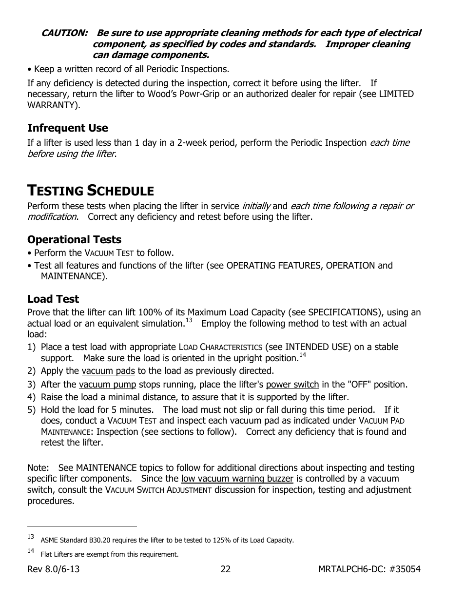 Infrequent use, Esting, Chedule | Operational tests, Load test | Wood’s Powr-Grip MRTALPCH611LDC User Manual | Page 24 / 38