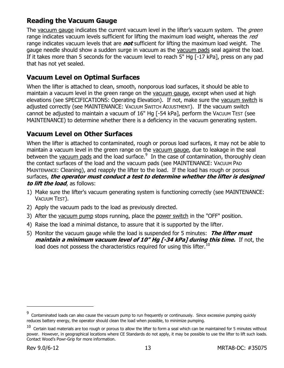 Reading the vacuum gauge, Vacuum level on optimal surfaces, Vacuum level on other surfaces | Wood’s Powr-Grip MRTA811LDC User Manual | Page 15 / 32