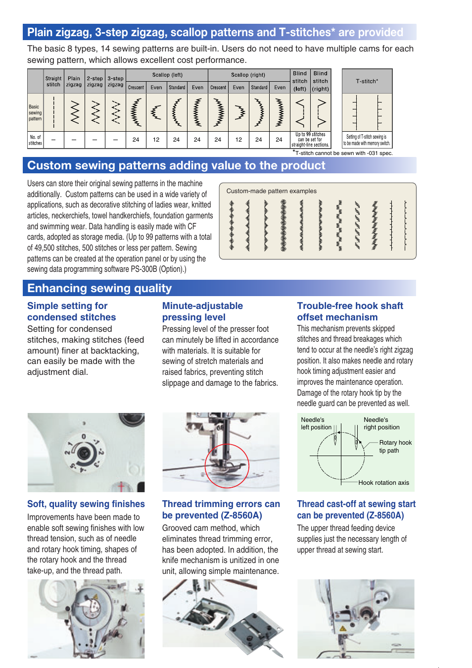 Enhancing sewing quality, Simple setting for condensed stitches, Minute-adjustable pressing level | Trouble-free hook shaft offset mechanism, Soft, quality sewing finishes, Thread trimming errors can be prevented (z-8560a) | Brother Z-8550A User Manual | Page 3 / 6