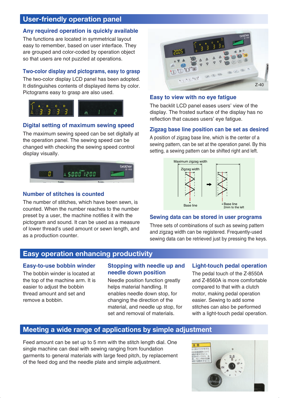 User-friendly operation panel, Easy operation enhancing productivity | Brother Z-8550A User Manual | Page 4 / 6