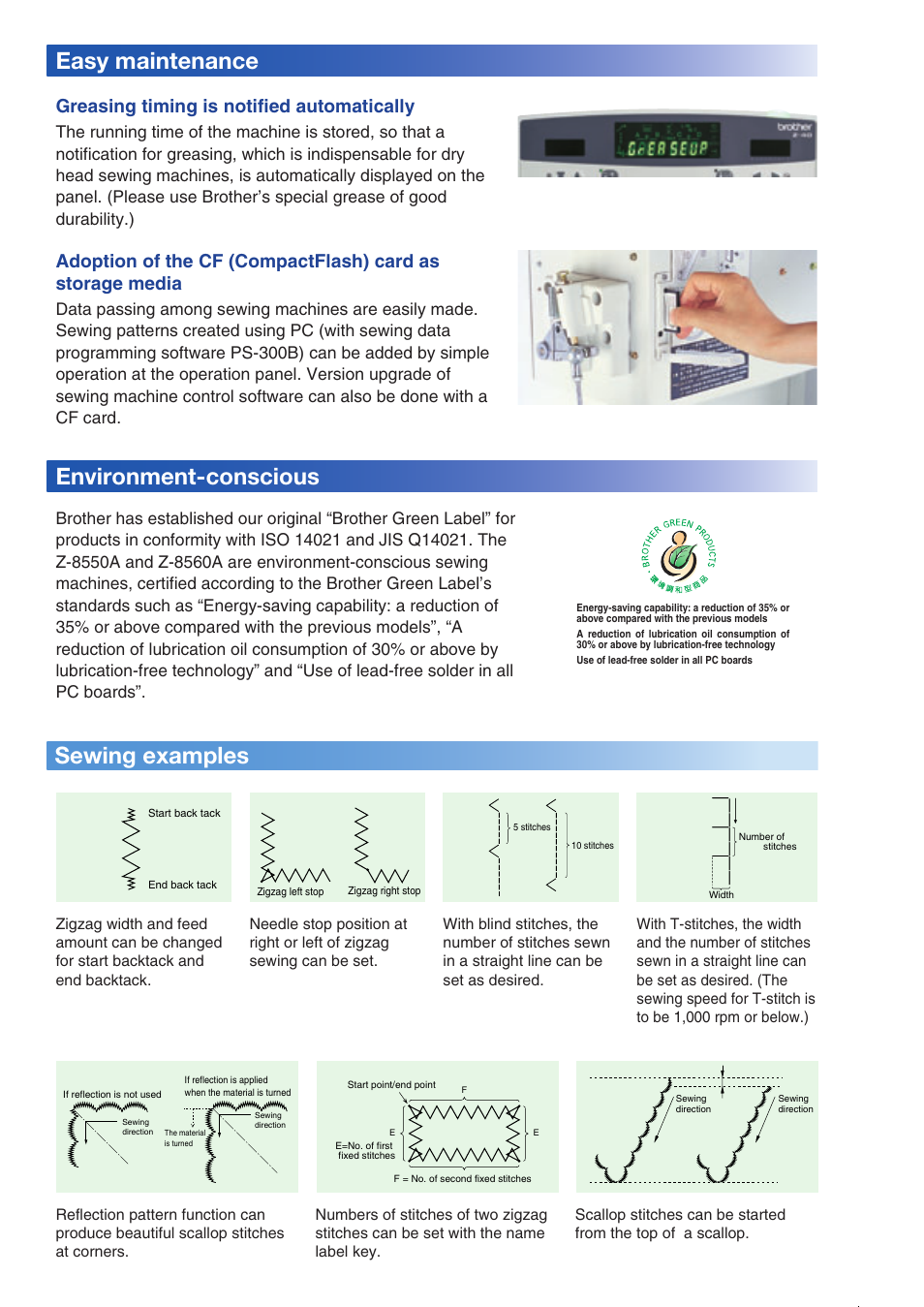 Sewing examples, Easy maintenance, Environment-conscious | Greasing timing is notified automatically | Brother Z-8550A User Manual | Page 5 / 6