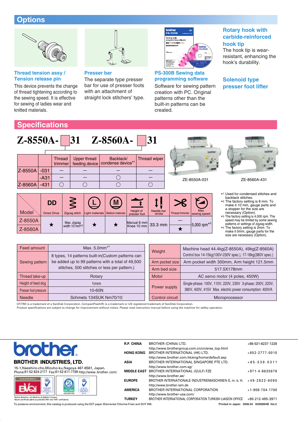 Specifications options, Rotary hook with carbide-reinforced hook tip, Solenoid type presser foot lifter | Brother Z-8550A User Manual | Page 6 / 6